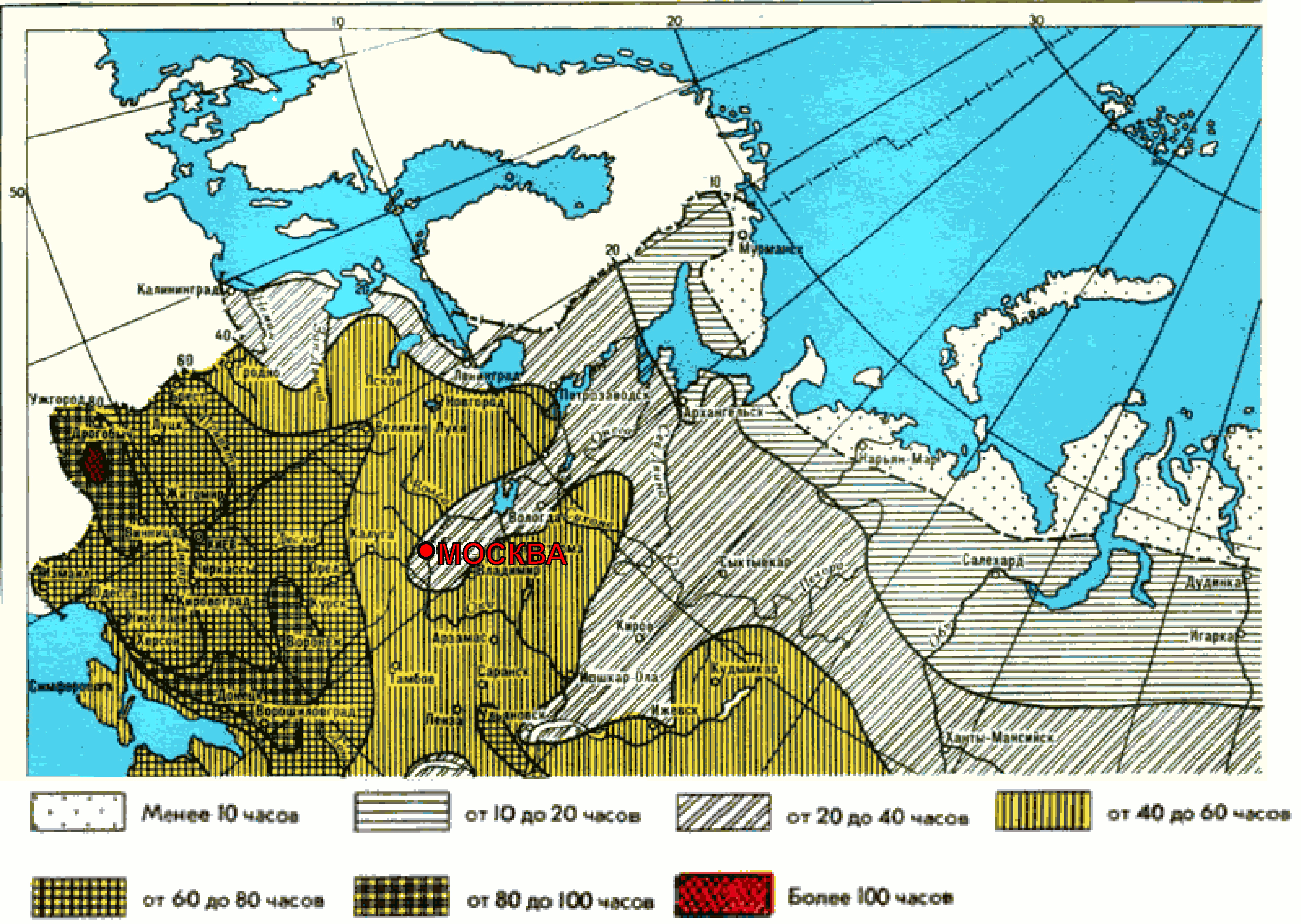 Карта продолжительности гроз на севере Евразии